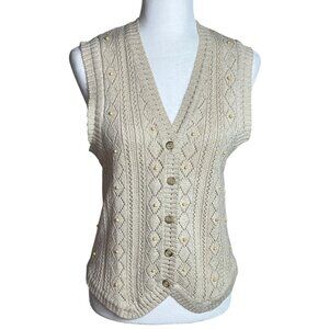 Jantzen Sweater Vest Vtg Ecru Beads Button Texture Dainty Cottage Cotton Women S